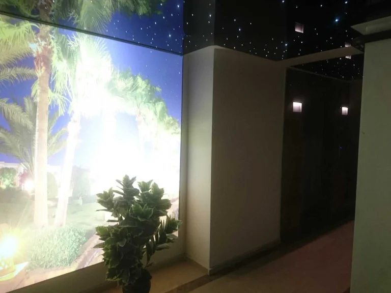 Koridorda fiber optik yıldızlı siyah gergi tavan ve palmiye baskılı ışıklı duvar